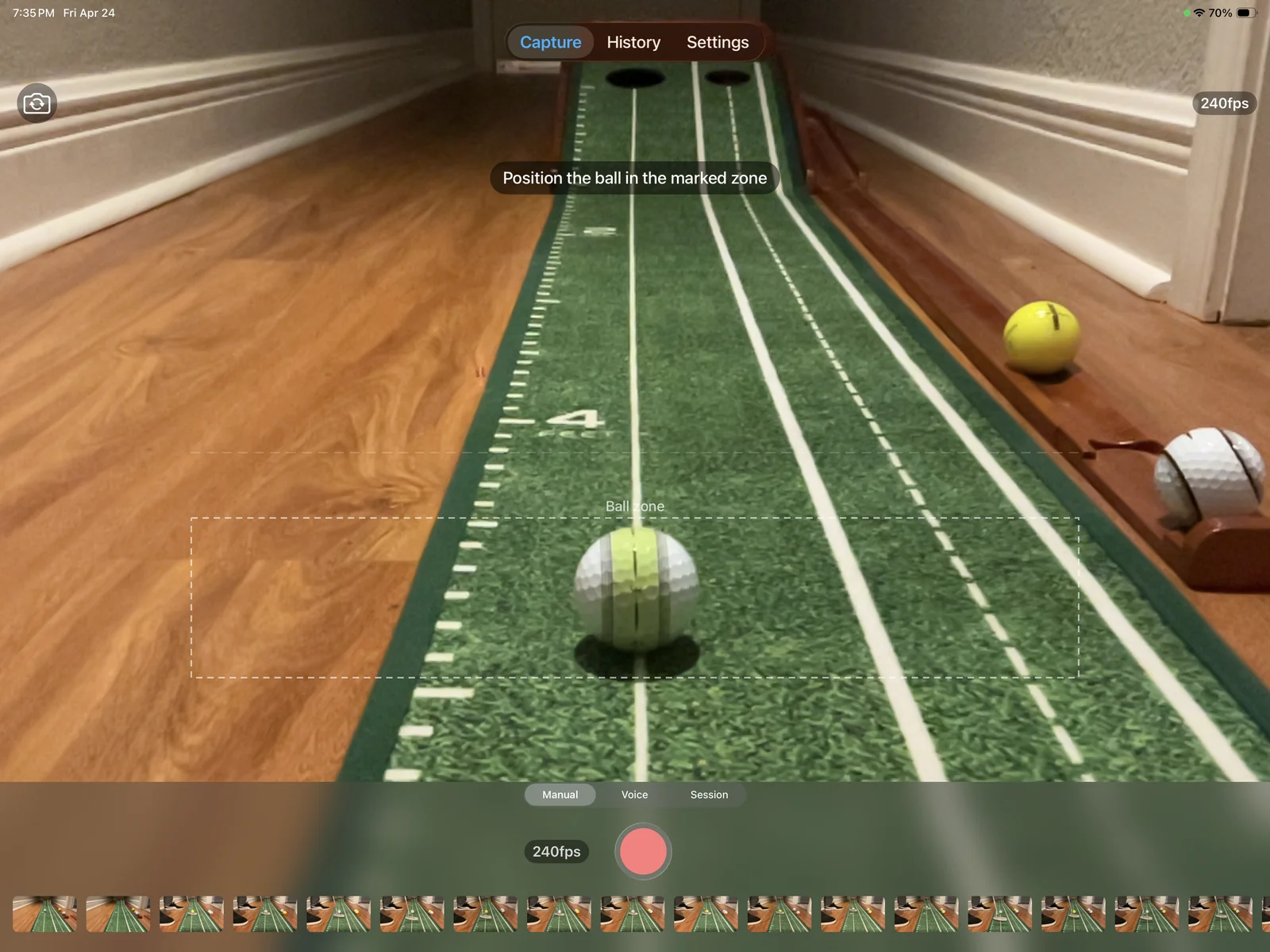 PuttLens Ball zone positioning guide helping align the camera with the ball before recording