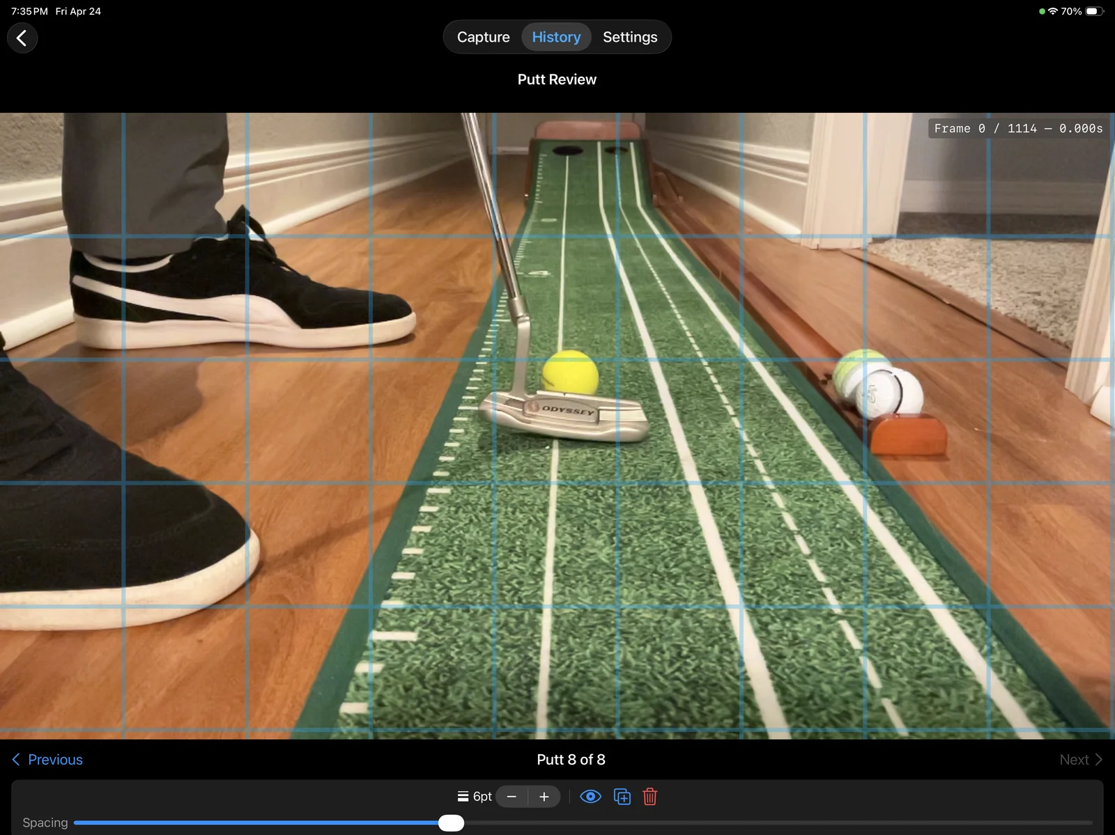 PuttLens annotation grid tool overlaying a reference grid on the recorded putt