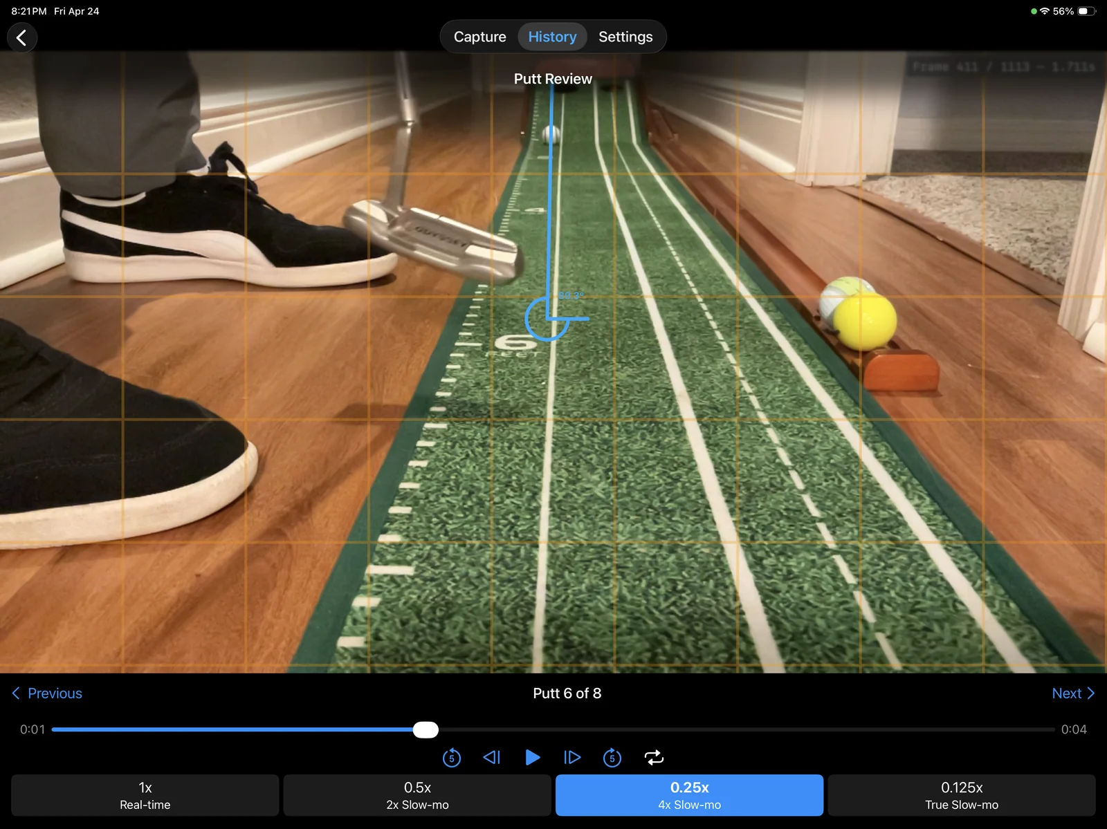 PuttLens playback view scrubbing frame-by-frame through a recorded putt