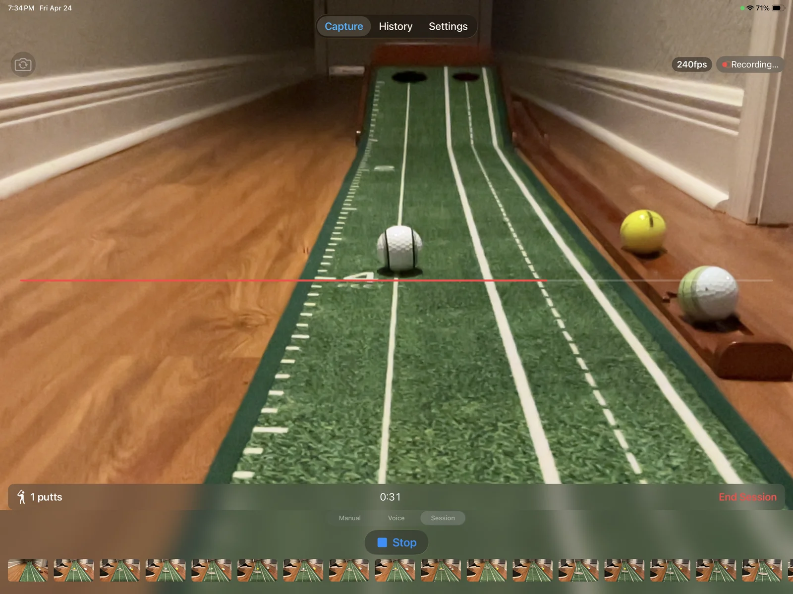 PuttLens in Session Mode actively recording, with a live counter showing 1 putt at 240fps